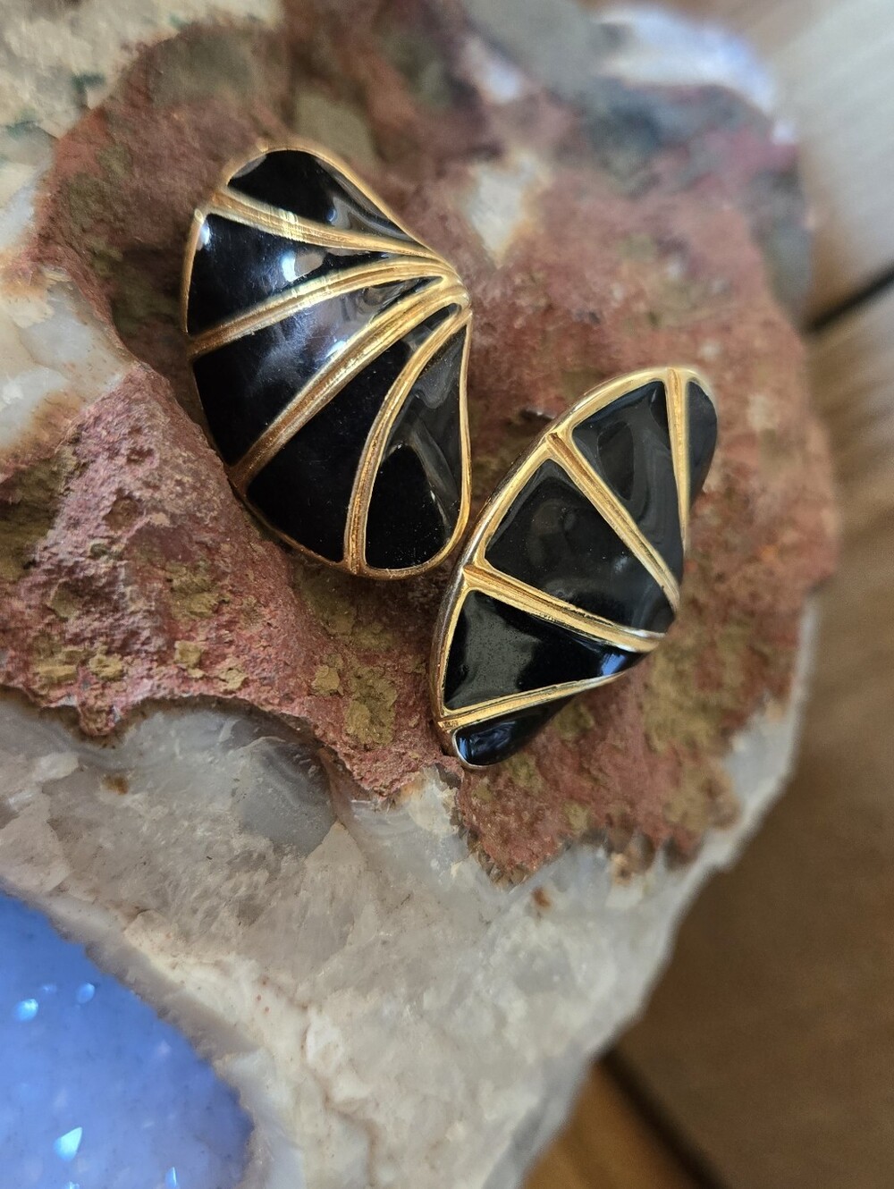 Vintage Black Enamel Gold Tone Fan Earrings | Art Deco Inspired Statement Studs - Picture 2 of 5